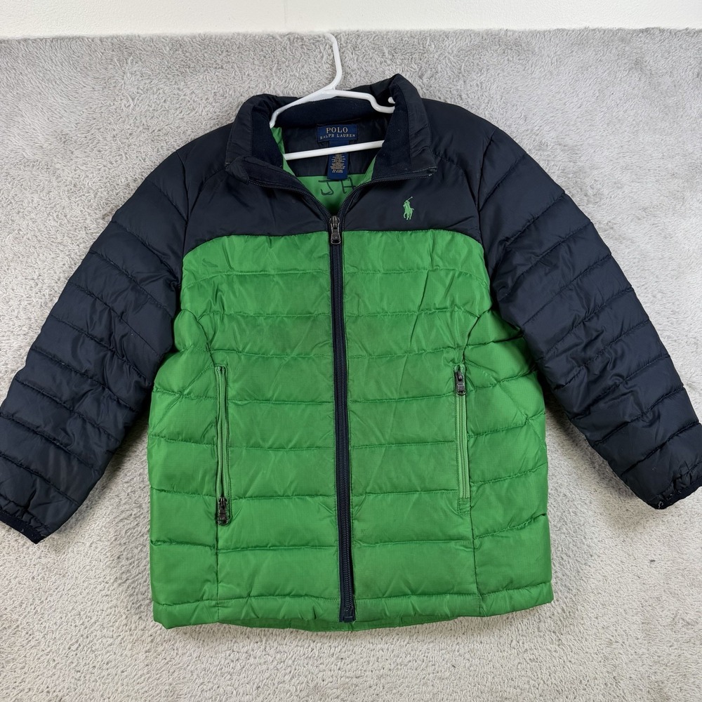 Polo Ralph Lauren Jacket Youth 6 Green Blue Down Puffer Pony Full Zip Pocket